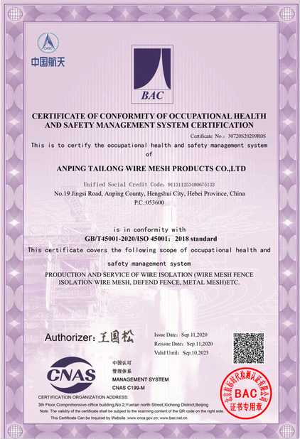 Chine Anping Tailong Wire Mesh Products Co., Ltd. certifications